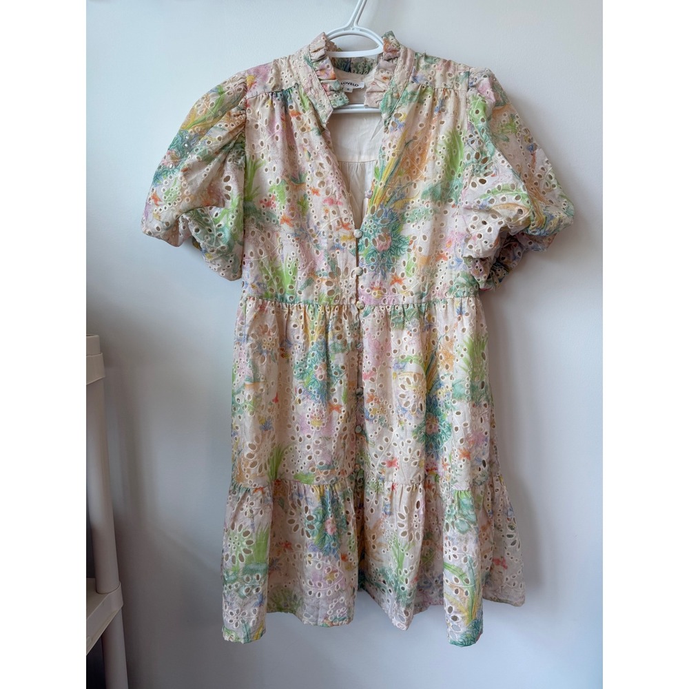 Lovelo Floral Eyelet Mini Dress Puff Sleeve Tiered Babydoll Pastel Multi Small
